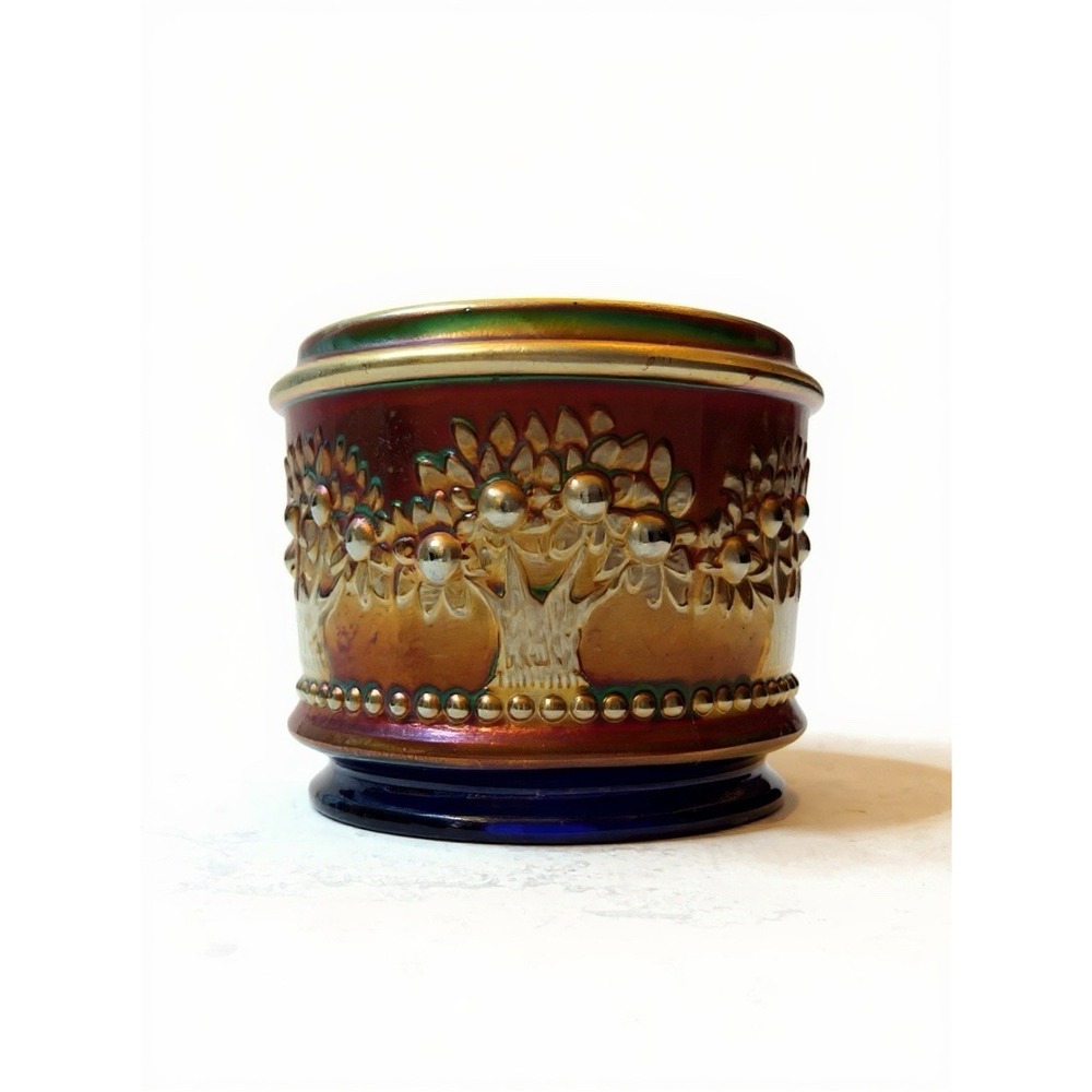 VTG Fenton Colbalt Blue Carnival Glass Powder Jar Orange Tree No Lid 1920's  3"